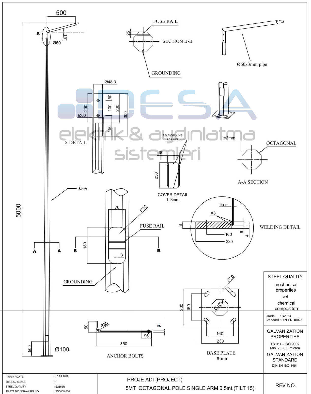 5 metre galvaniz aydınlatma direği teknik çizimi